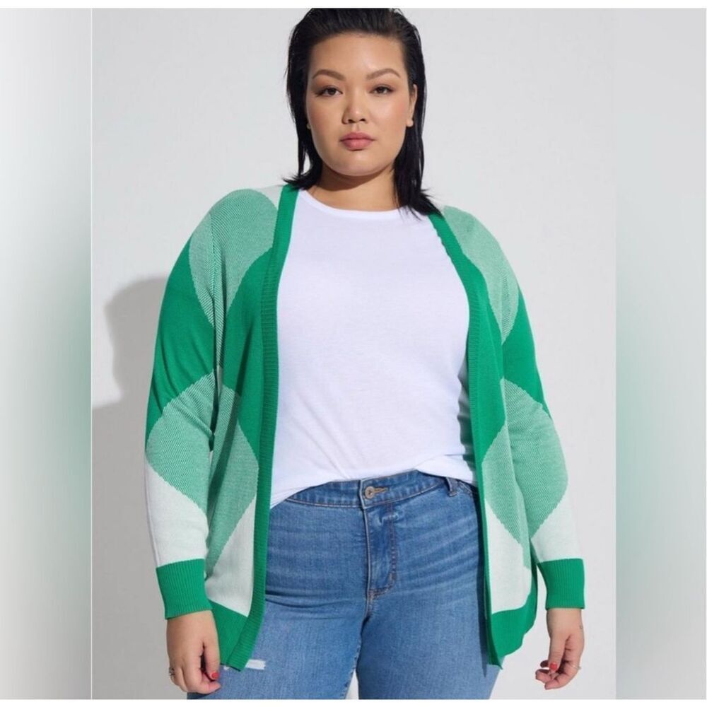 Torrid Cardigan Open Front Sweater Green White Checkered Print Sz 0 (L)‎